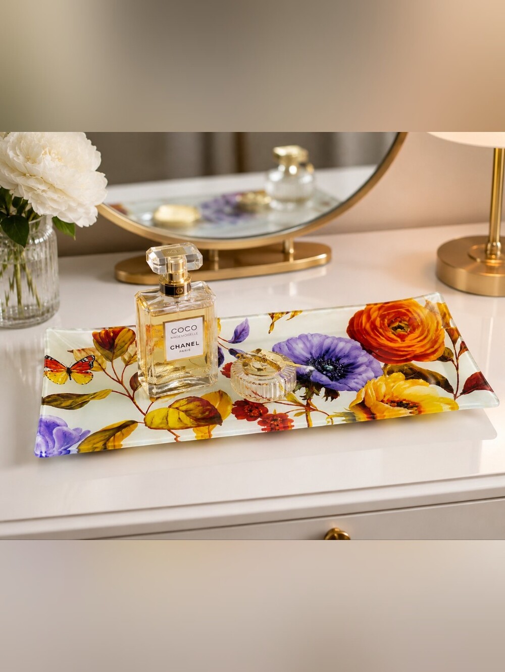 Glass Vanity Tray with Colorful Flowers